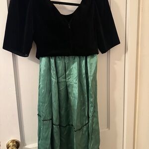 Vtg A Line Skirt Emerald Satin with Sequins & Velvet Black High Waist Crop Top